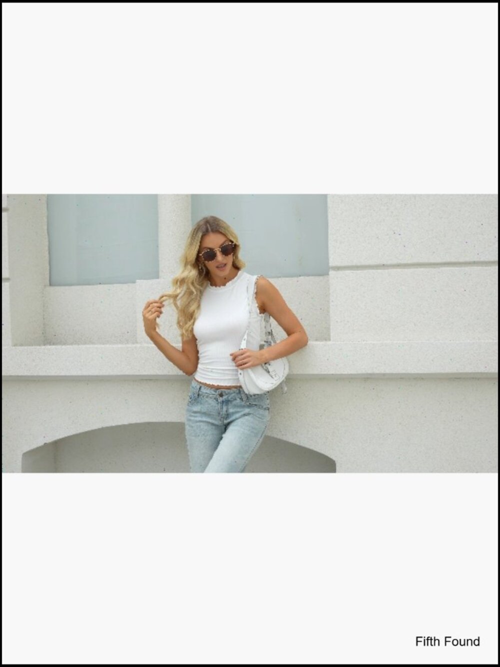 Sleeveless Ribbed Knit Tank Top Crew Neck Ruffle Trim Slim Fitted Summer Staple - Picture 7 of 7